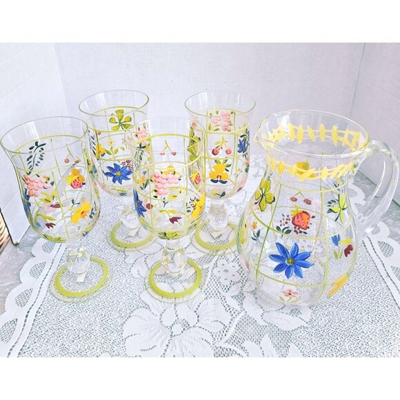 Handpainted French Country Ice Tea Glass Pitcher & Goblet Set floral 5pc flowers - Picture 2 of 7